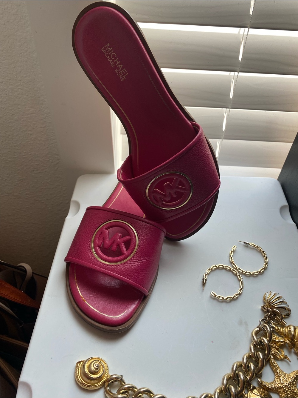 Michael Kors Hot Pink Leather Slide Sandals with MK Medallion